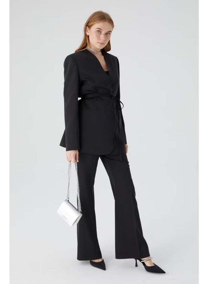 Manuka Satin Flare Leg Trousers Black - Image 4